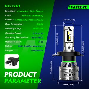 Fateeye F4 H4 LED -Scheinwerfer für CAR H7 LED H1 H11 6500K 60W 13000LM 12V LED Autoschichtlampe Nebel Glühbirnen