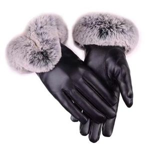 Soft Comfort Outdoor Winter Double thick Plush Wrist Women Windproof Touch Screen Warm Faux Leather Full Finger Driving Gloves2334