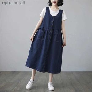 Urban Sexy Dresses #2119 Overalls Denim Dress Women Knappar Casual A-Line Jeans Sleeveless Loose Pockets Korean Style Female YQ240330