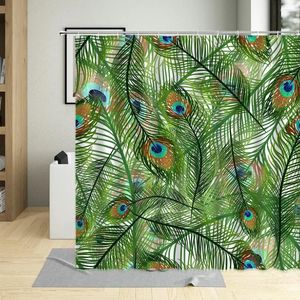 Cortinas de chuveiro penas de pavão à prova d'água cortina de banheiro elegante pena de pássaro verde para decoração de arte telas banheira com gancho