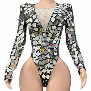 Nowe błyszczące Sier Mirrors Bodysuit Sexy Lgsleeves_eotard Gogo Performance Birthdaycelebrate Costume Rave strój Y4KH#
