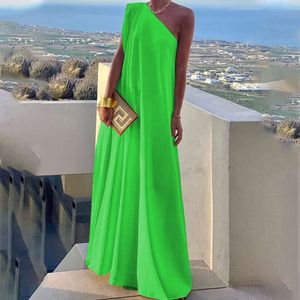 Women Solid One Shoulder Long Party Dress 674580