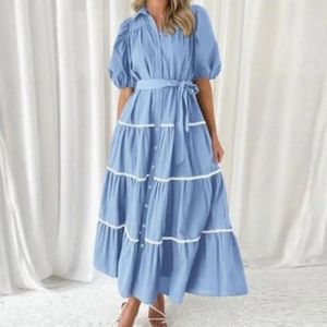 Casual Dresses Puff Sleeve Maxi Dress Elegant Women's Summer med puffiga ärmar Tiered Ruffles Single Breasted Belt för en flödande