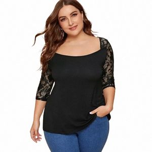 plus Size Sexy Elegant Fi Tops Women Ctrast Lace Sleeve Square Neck Solid Black Summer Spring Sheath T-shirt Blouse 6XL M7X2#