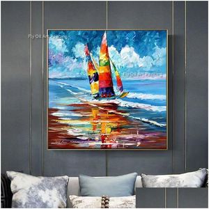 Paintings Colorf Nautical Yacht Sailing Ship On The Sea Oil Painting Canvas Wall Art Handmade Scape For Living Room Bedroom Home Dec Dhbpj