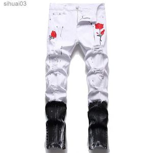 Jeans maschile maschile jeans ricamato buchi alla moda pantaloni elastici in denim elastico con cerniera inferiore con cerniera a nastro tintura bianca blackl2403