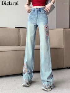 Jeans femininos cintura alta primavera calça longa mulheres estilo chinês impressão bordado moda casual senhoras calças soltas plissadas mulher calças