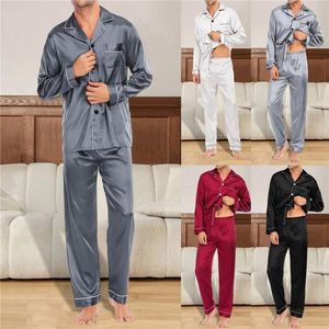 Casa Roupas DIHOPE Confortável Leite Seda Loungewear Elegante Masculino Primavera Verão Conjunto de Pijama Cor Sólida Combinando Lapela Single-breasted Longo