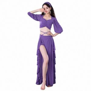 Belly Dance Suit Printing Mesh Top Short Hides Split kjol Practice Clothes Set Female Elegant Performance Clothing Summer U5BQ#