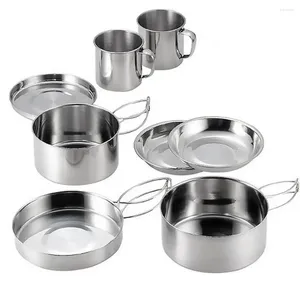 Cookware Sets 8 Pcs/set Ultra-light Stainless Steel Outdoor Picnic Pot Pan Kit Camping Hiking Mini Bowl Cup Cover Cooking