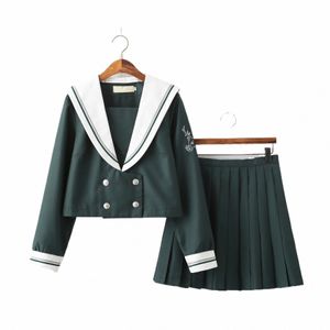 Japońska szkoła Dres Dark Green Sailor Suit Cosplay Anime Studenci LG-Sleeved Top plisowana spódnica dla dziewczyn JK mundur kostium V734#