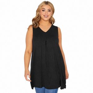 plus Size V-neck Summer Elegant Lgline Vest Top Women Casual Sleevel Swing Tunic Tank Pleated Detail Flare Top Blouse 7XL v7MC#