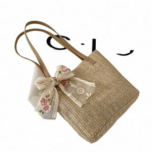 vintage Women Woven Shoulder Bag Solid Color Lace Ribb Tote Handbags Wicker Boho Straw Bag for Summer Beach Handle Beige Bags n5OX#