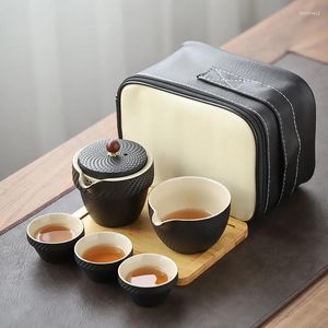 Teegeschirr-Sets, chinesisches Keramik-Tee-Set, schwarz, schnelle Tasse, tragbares Reiseset, Teekanne aus Knochenporzellan