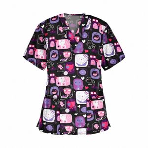 plus Size Women Short Sleeve V Neck Carto Pattern Tops Working T-shirts 02q8#