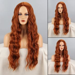 Парики с длинным оранжевым синтетическим париком средняя часть для женщин супер длинные тела волнистые парики косплей водяной волн теплостой устойчивый