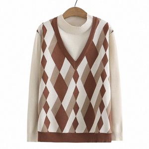 4xl Plus Size Basic Sweaters Women Autumn Winter Mock Neck Warm Slim Jumpers Retro Argyle False Two Pieces Knitted Pullovers u5om#