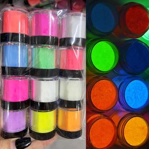 12 caixas de pó acrílico luminoso que brilha no escuro, fluorescente, pigmento de glitter, poeira para design de manicure, decoração de arte de unha 240328