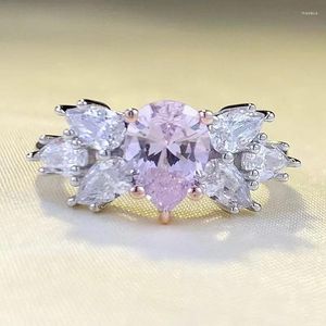 Cluster Rings 2024 S925 Silver 6 8mm Water Drop Pear Shaped Pink Diamond Ring for Women's Flower Fashion Personality Style