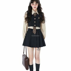 2023 n korea style khaki lg sleeve shirt vest pleated short skirt three pieces uniform set vintage jk suit autumn s790 38Zv#