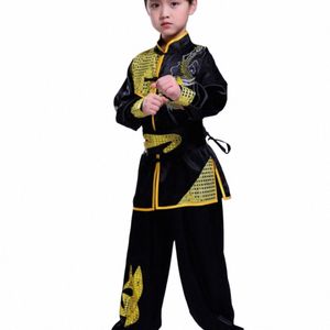 barn pojkar flickor barn kinesisk varumärke paljett drag broderi wushu tai chi kung fu uniformer scen prestanda kläder c5rb#