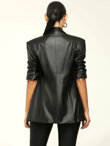 GACVGA New Design PU Leather Blazers Set For Women Long Sleeve Formal Work Office Ladies Two Piece Pants Set