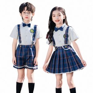 summer Kindergarten Uniform Boys Girls Pleated Supender With Straps Tie Shorts Graduati Performance Chorus Clothing r5OS#