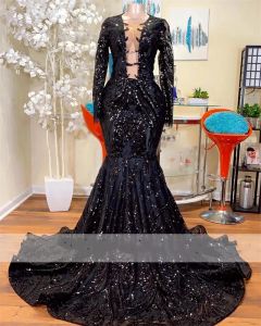 2023 Gorgeous Black Evening Dresses Sequins Lace Long Sleeves Women Formal Gothic Prom Gowns Mermaid Y2K Robe De Bal Met Gala