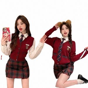 american Korean Academy JK Uniform Set Hot Girl Lg Sleeved Red Knitted Cardigan/Vest Shirt Hip Skirt Xmas Red Three-piece Suit x9Zr#