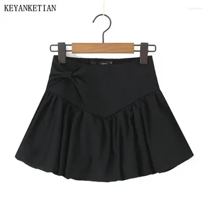 Skirts KEYANKETIAN 2024 Launch Women's Bow Decoration Elastic Waist Skirt Y2K Sweet Tiered Ruffles Black Mini Sarong