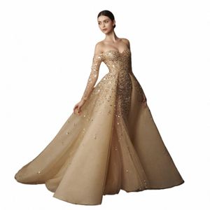 Shar sa att lyx Dubai Champagne Gold Mermaid Evening Dr med avtagbar overskirt från axel Arabisk bröllopsfest SS410 G2EP#