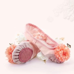 Sapatos de dança rosa ballet meninas criança crianças chinelos macio split couro sola yoga ginástica com flor