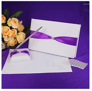 Party Decoration Purple Color Wedding Gästbok och penna Set Satin Polyester Ribbons för leveranser
