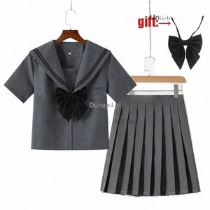 Japansk student jk skol uniform sommar söt grå uniform set vintage söta flickor maringrå skjorta kjol set p7r9#