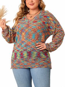 Gibsie Plus Size manica lanterna scollo a V maglione arcobaleno donna 2023 autunno inverno Fi allentato dolce donna pullover in maglia maglione r3E2 #