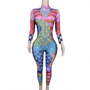 Sexig scen Sier Crystals Colorful Spandex Jumpsuit Women Nightclub Birthday Celebrate Party Outfit Performance Dance Leggings G6GE#