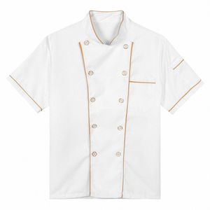 mens Womens Trim Chef Jacket Hotel Restaurant Kitchen Bakery Stand Collar Butt Down Kitchen Canteen Cook Uniform with Pockets T6mD#