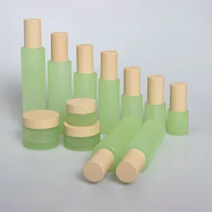 Storage Bottles 1 Ounce Skincare Container Glass Mask Cream Jar 30g Empty Frosted Green Refillable With Wood Grain Cap