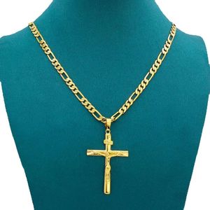 Real 10k Yellow Solid Fine Gold GF Jesus Cross Crucifix Charm Big Pendant 55*35mm Figaro Chain Necklace 24" 600*6mm