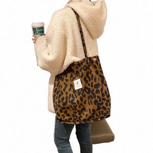 women Corduroy Shoulder Bags Canvas Lining Leopard Design Eco Cott Cloth Handbag Cute Books Tote Handy Shop Bag For Ladies o66l#