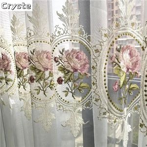 Cortina de tule bordada peônia de luxo americana para sala de estar cortina elegante europeia flor pura voile quarto 240321