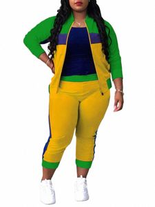 lw Plus Size Zipper Design Patchwork Pants Set Mulheres Color Block Mandarim Collar Fatos de treino Lg Sleeve Two Pieces Outfits r9vD #