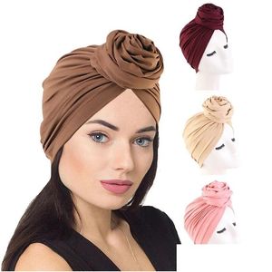 Beanie/Kafatası Kapakları Büyük Çiçek Türban Bonnet Kadın Müslüman Hijab Bayanlar Bandana Kemo Kap Afrika Şapka Düğün Partisi Başlık T Dhgarden DH5MG