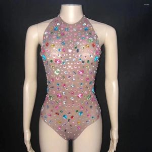 Stage Wear Sexy Transparent Colorful Rhinestones Bodysuit Women Nightclub Mesh Crystal Leotard Performance Dance Costume