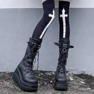 2023 Platform High Wedges Goth Zip Buckle Women's Boots Long Metal Punk Black Cosplay Girls Heeled Mid Calf Boots White Boots
