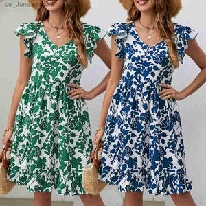 Basic Casual Dresses Women Summer Dress Petal Slve V Neck Elegant Woman Midi Boho Beach Dress Casual Loose Kn-length Short Leaf Print Dresses T240330