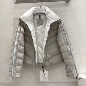 Designer-Daunenjacke für den Winter, mit Buchstaben, bedruckt, Reißverschluss, Ärmel, Stehkragen, Pufferjacke, verdickter, geschützter Puffer