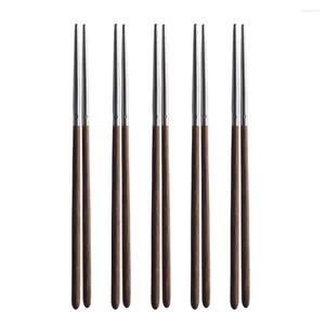 Kitchen Storage 5 Pairs Wooden Handle Non-slip Chopsticks Reusable Metal For Home