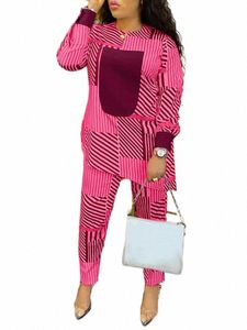 Plus storlek 5xl Vonda Women Pant Set LG Sleeve Tops Casual Matching Set 2023 Fi Elastic Midje Pants Stripe Printed 2st R95Q#