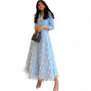 indigo Prom Dres V-Neck Feathers Ankle-Length A Line Formal Evening Party Elegant Dr For Women 2024 Robe De Soiree Femmes O2Me#